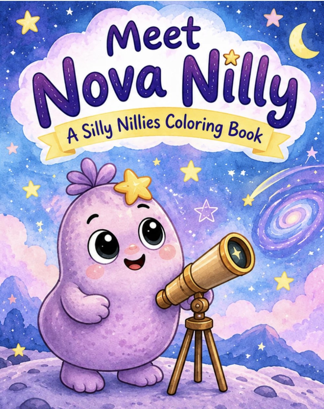 Nova Nilly looking through a telescope at a starry sky, from the cover of Meet Nova Nilly: A Silly Nillies Coloring Book