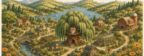 Illustrated map of Nillyville, showing a village gathered around a great willow tree with Owlfred's nest, a river, gardens, and rolling hills.